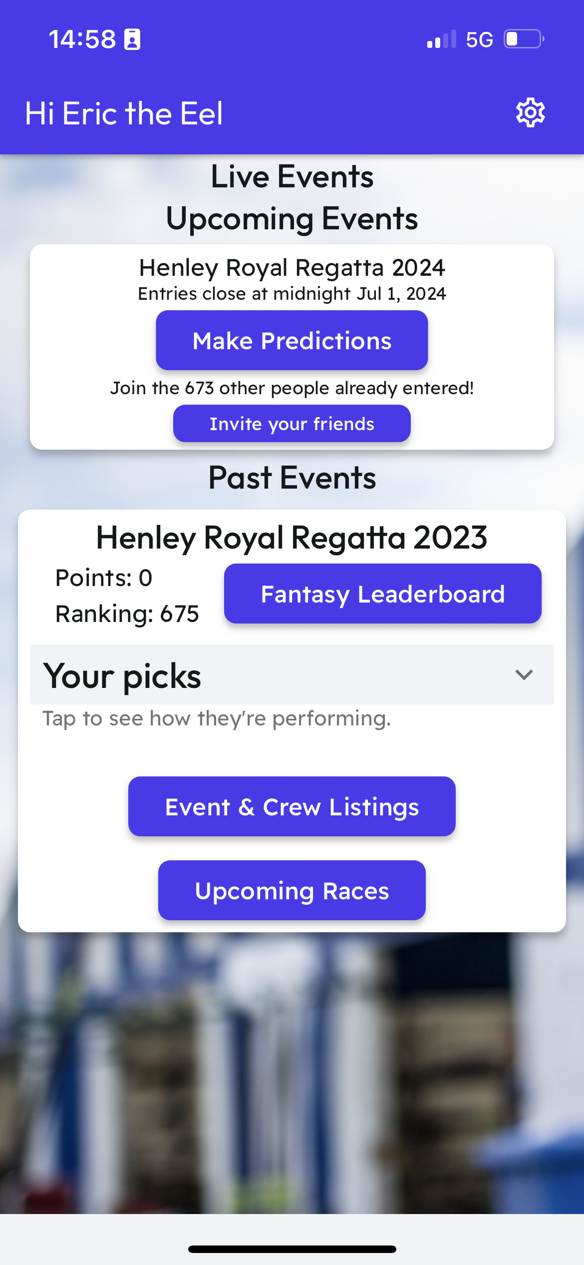 Fantasy Rowing App Screenshot - Race Selection