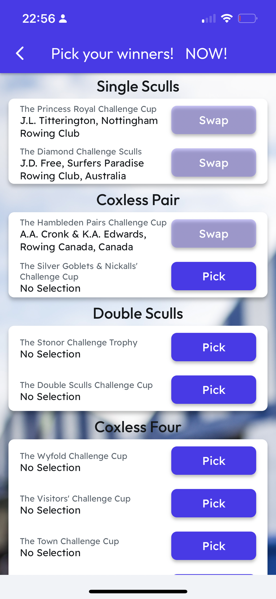 Fantasy Rowing App Screenshot - Live Updates