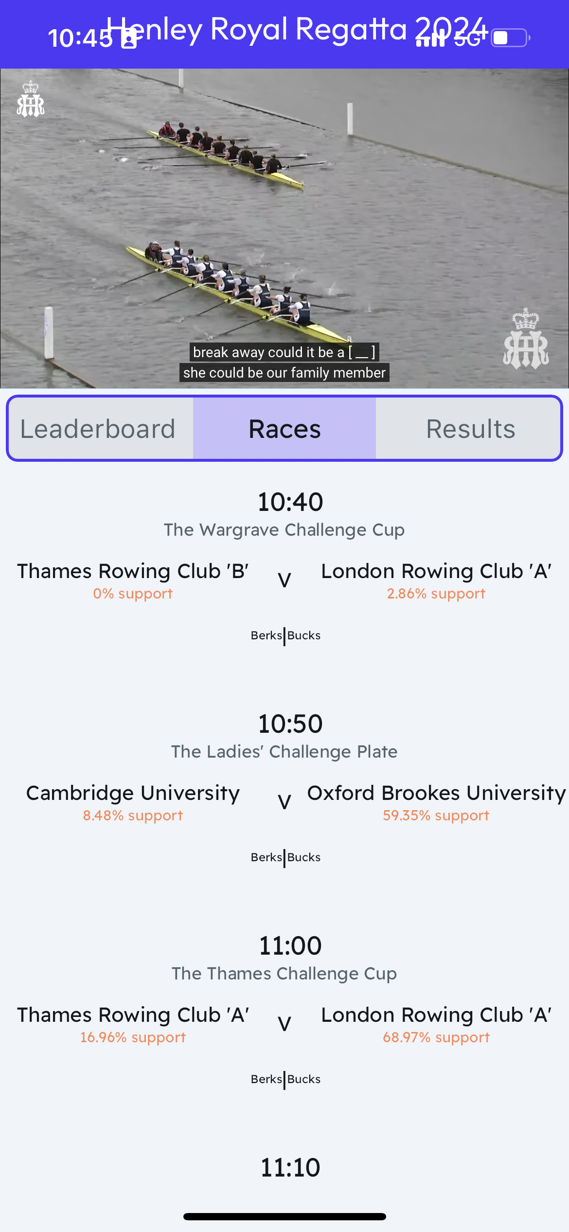 Fantasy Rowing App Screenshot - Leaderboard